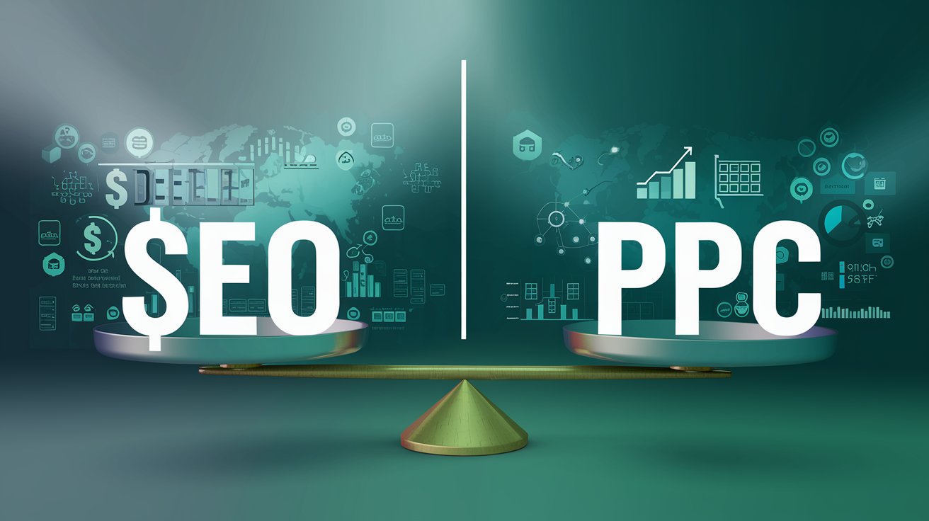 A balanced scale comparing SEO and PPC, surrounded by growth charts and analytics.