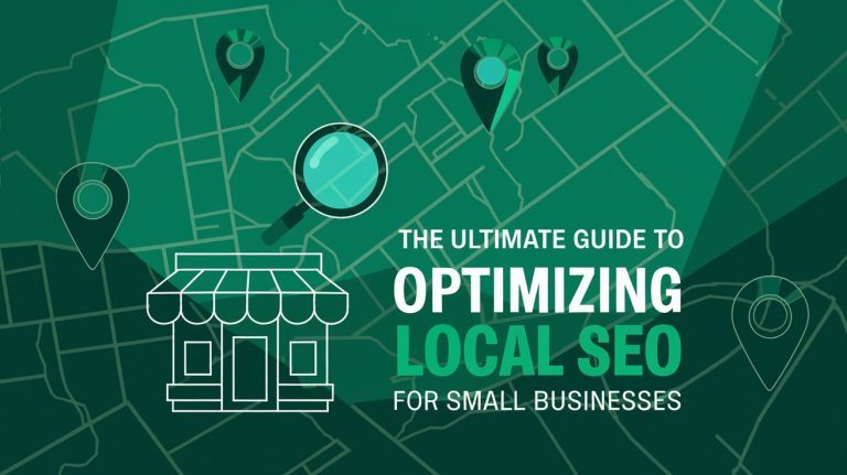 A map with location pins, a magnifying glass, and a storefront icon representing local SEO for small businesses.