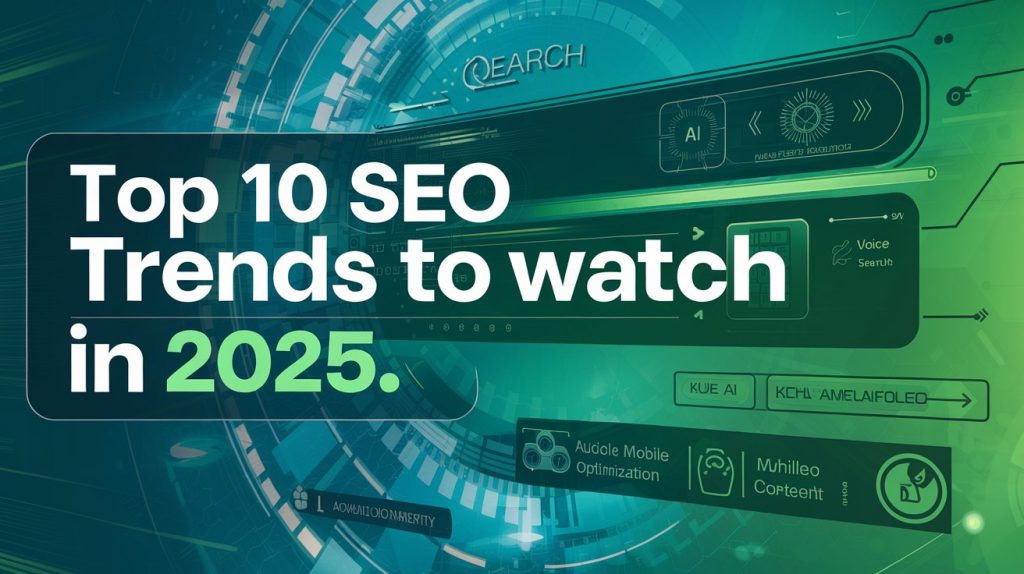 Futuristic SEO interface showcasing key trends like AI, voice search, mobile optimization, and video content with vibrant abstract technology patterns in blue, green, and white hues.