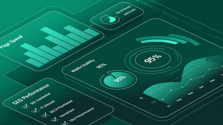 A balanced scale comparing SEO and PPC, surrounded by growth charts and analytics.